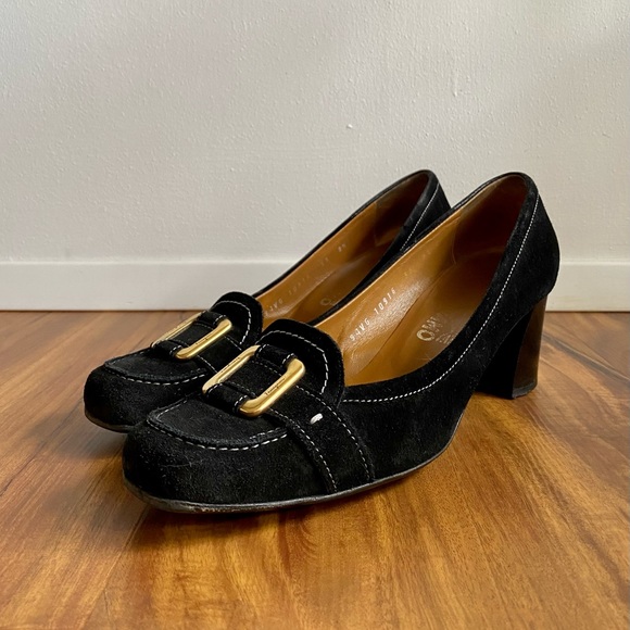 Ferragamo Suede Heels with Gold Hardware - Picture 2 of 10